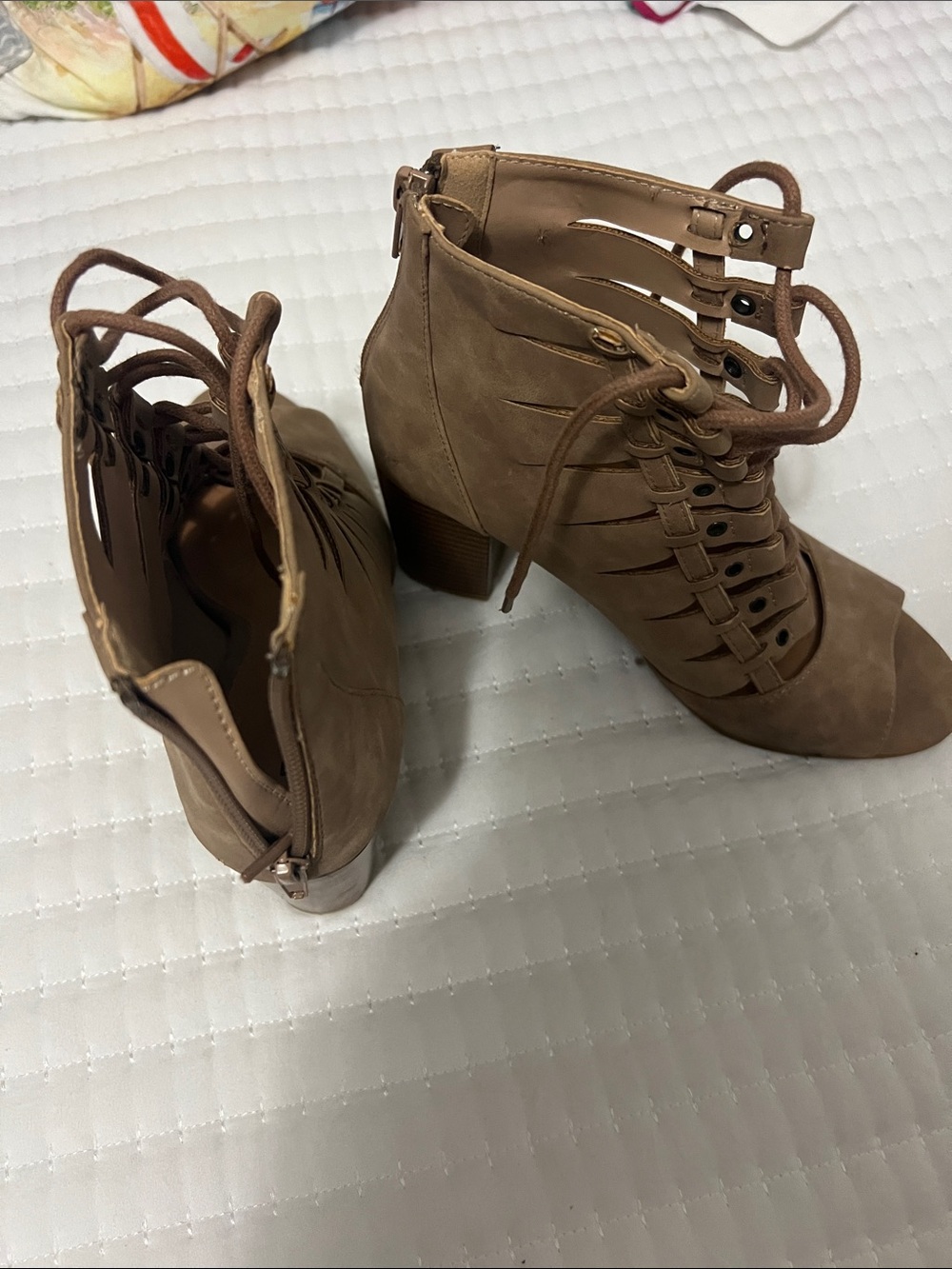 Rampage Taupe Lace-Up Cutout Peep Toe Block Heel Booties